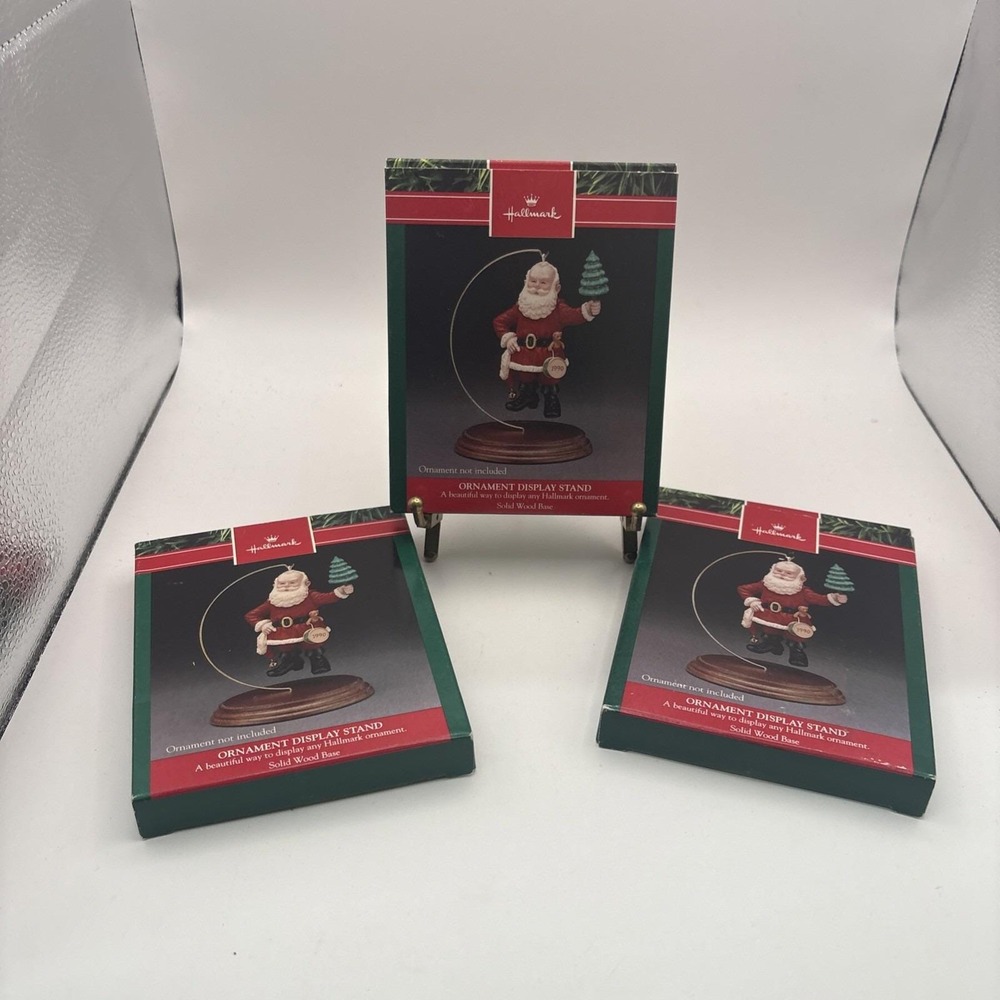Hallmark Ornament Display Stands Lot Of 3 Dark Wood Base Hold Hangers~IOB
